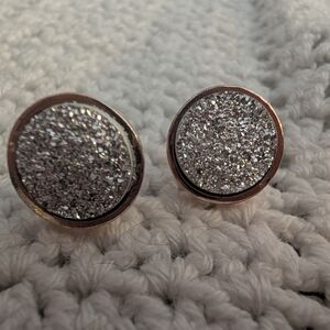 Rose Gold Tone Round Druzy Stud Earrings - Silver Sparkle